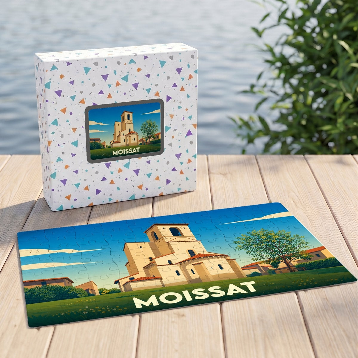Puzzle souvenir de la ville de Moissat avec une illustration stylisée d'une église sous un ciel bleu.