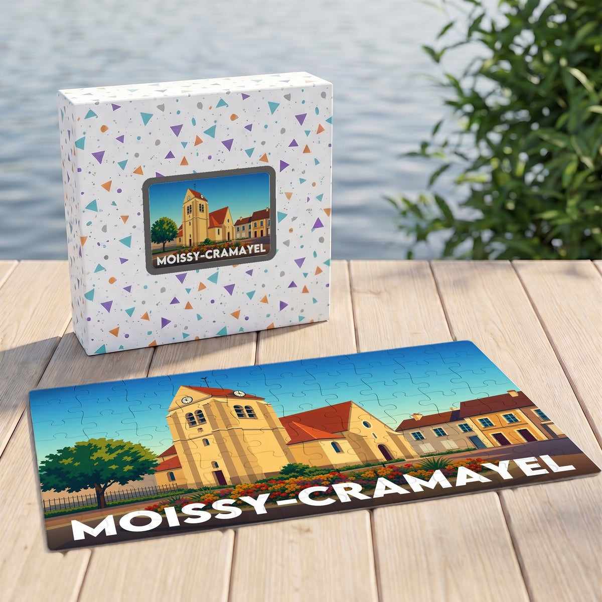 Puzzle souvenir de la ville de Moissy-Cramayel avec une illustration stylisée de son église et de ses maisons.