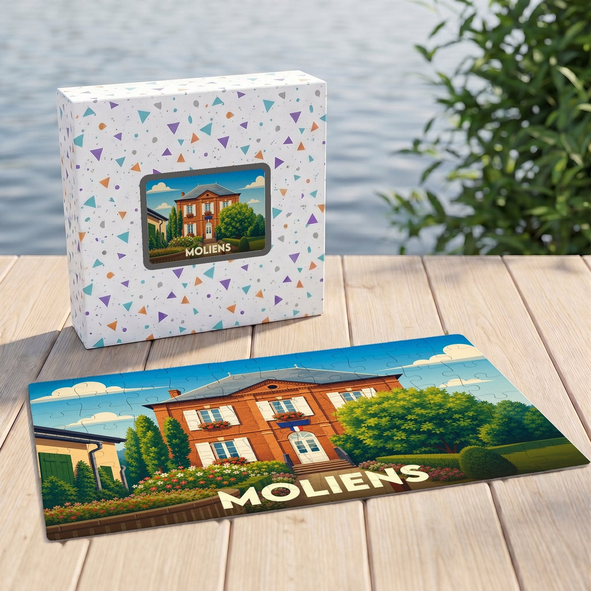 Puzzle souvenir de la ville de Moliens avec une illustration stylisée d'une maison traditionnelle.