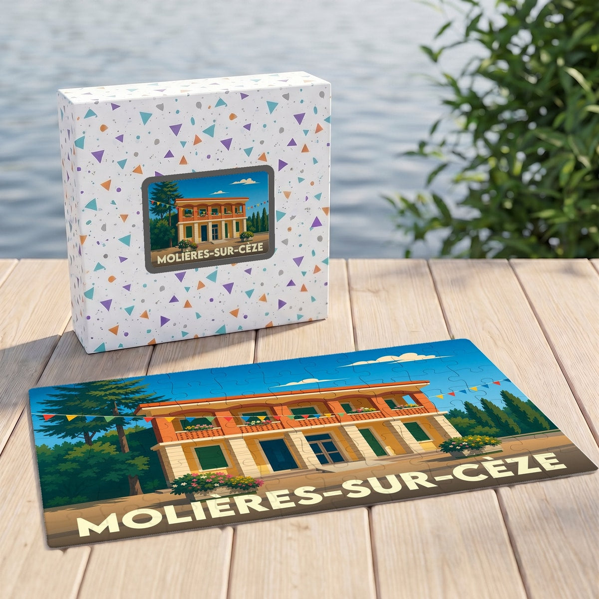 Puzzle souvenir de la ville de Molières-sur-Cèze avec une illustration colorée de son architecture locale.