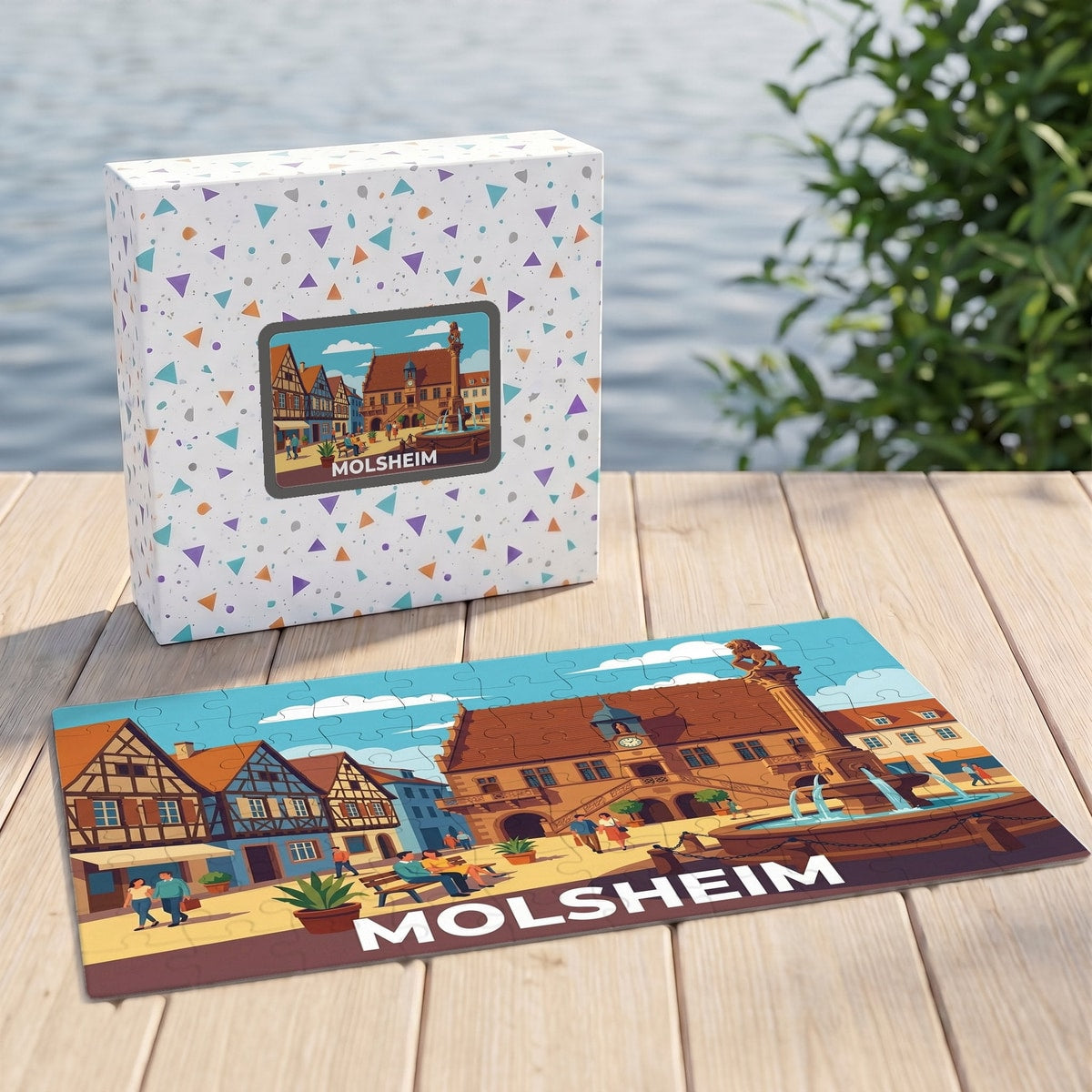 Puzzle souvenir de la ville de Molsheim avec une illustration stylisée d'une place historique.
