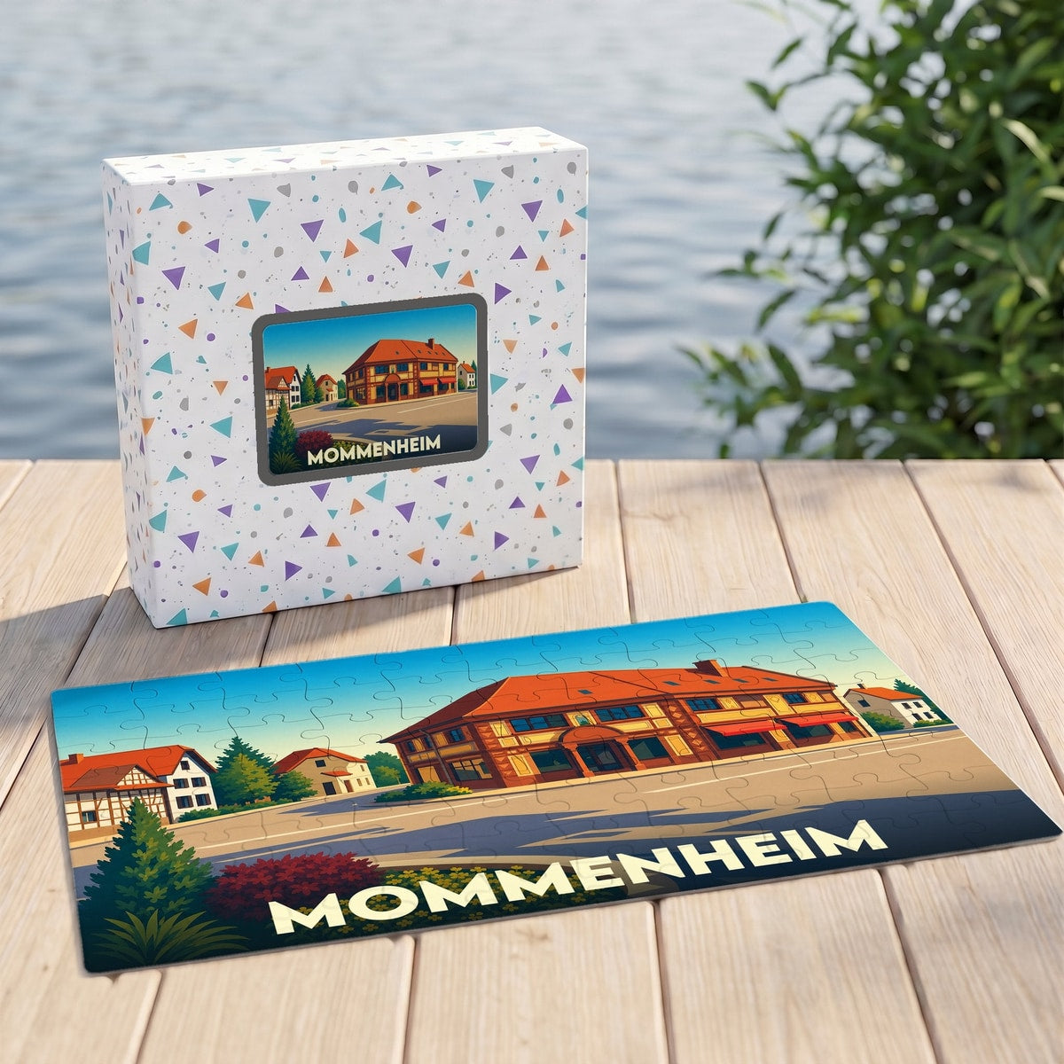 Puzzle souvenir de la ville de Mommenheim avec une illustration stylisée d'un bâtiment traditionnel.