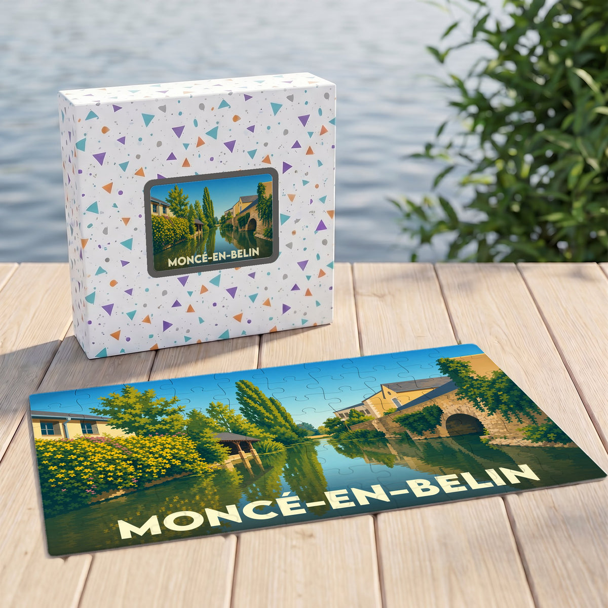 Puzzle souvenir de la ville de Moncé-en-Belin avec une illustration stylisée d'un paysage fluvial.