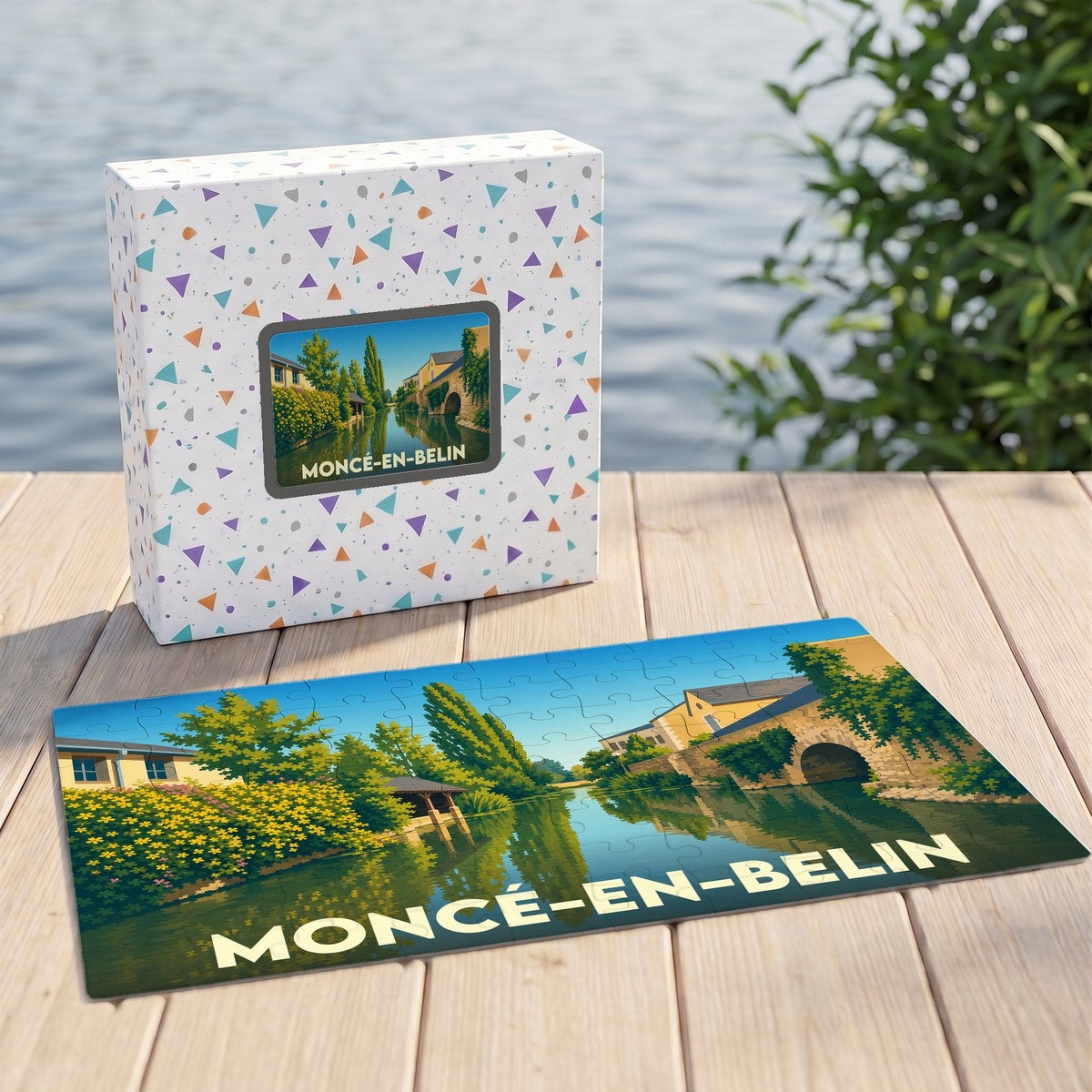 Puzzle souvenir de la ville de Moncé-en-Belin avec une illustration stylisée d'un paysage fluvial.