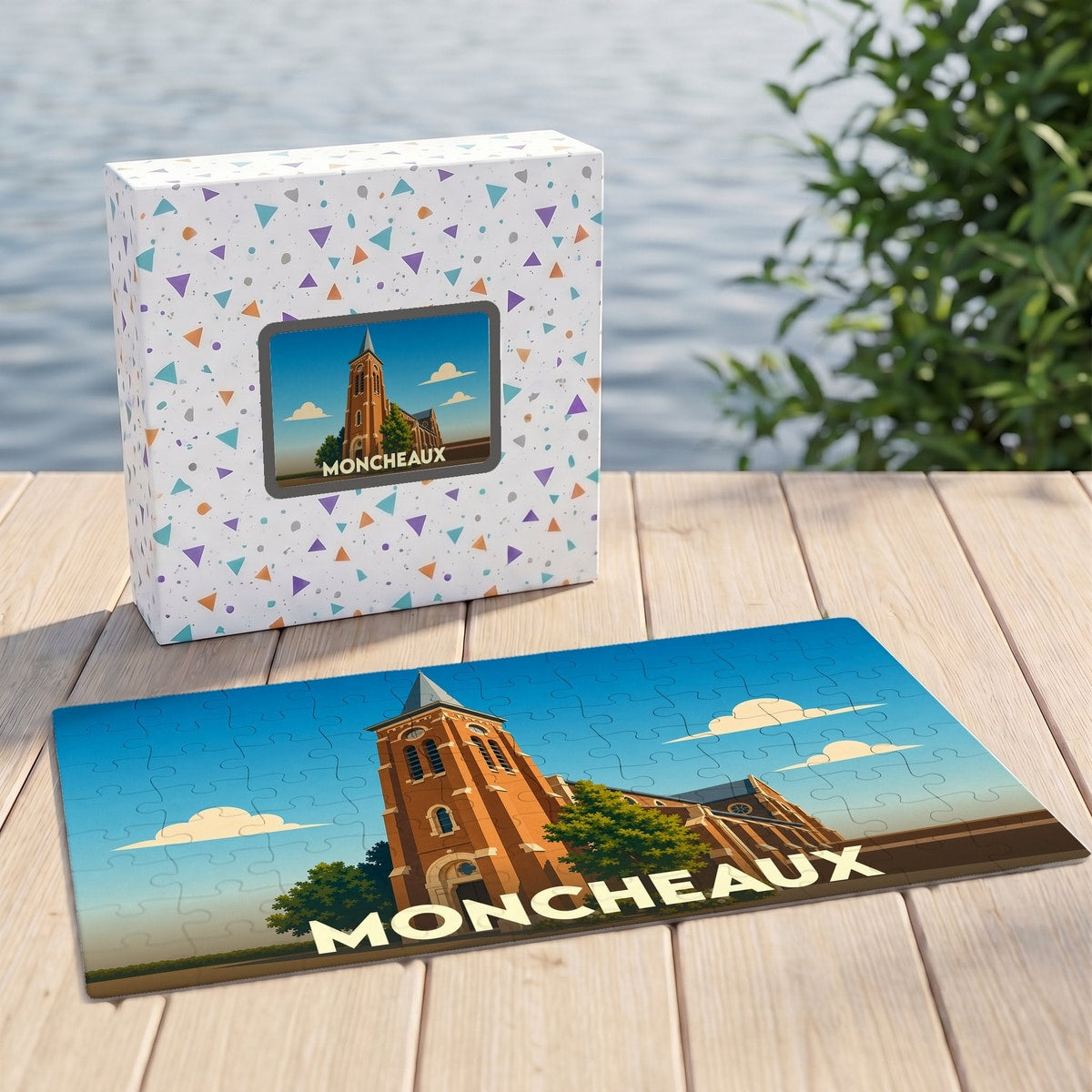 Puzzle souvenir de la ville de Moncheaux avec une illustration stylisée d'une église.