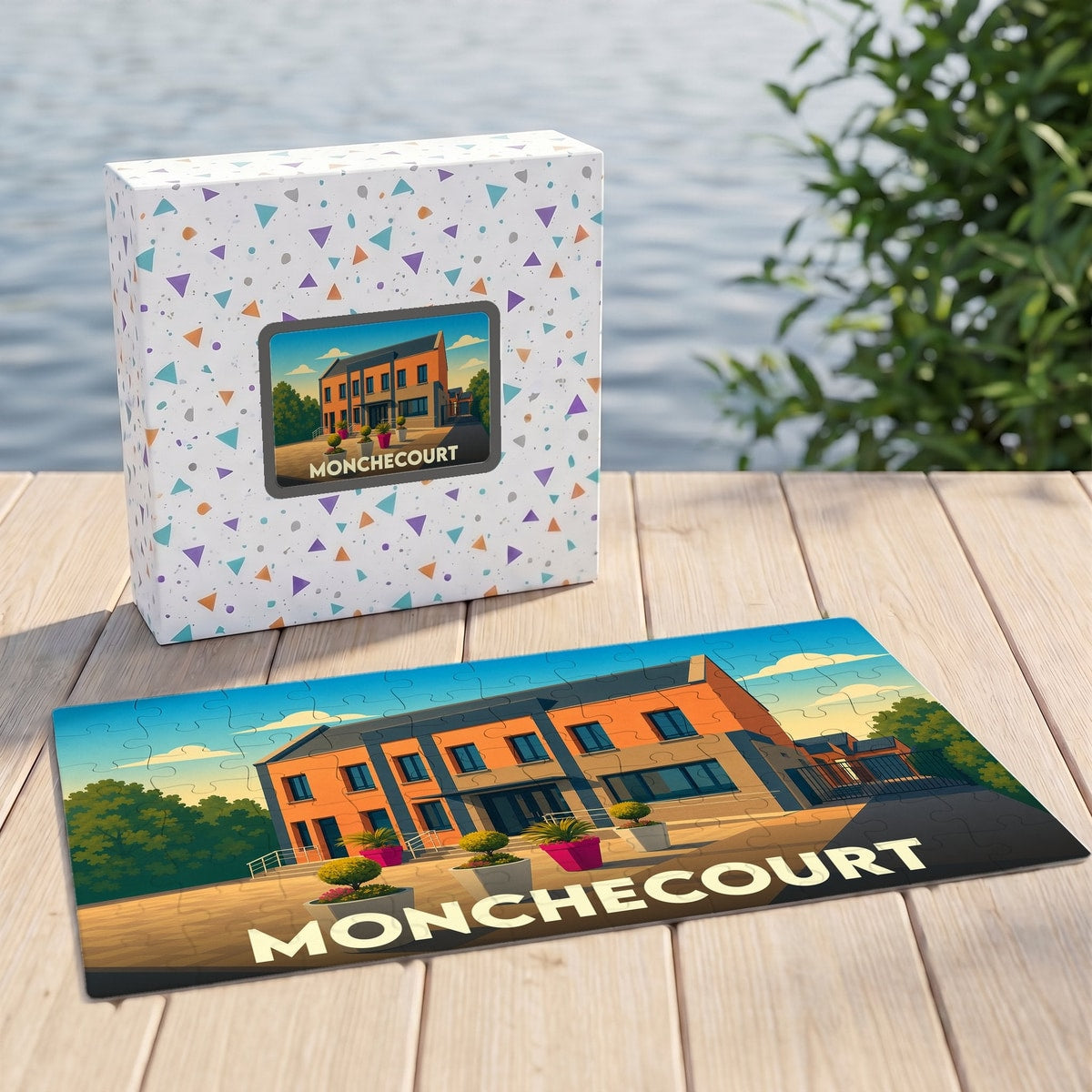 Puzzle souvenir de la ville de Monchecourt avec une illustration stylisée d'un bâtiment emblématique.
