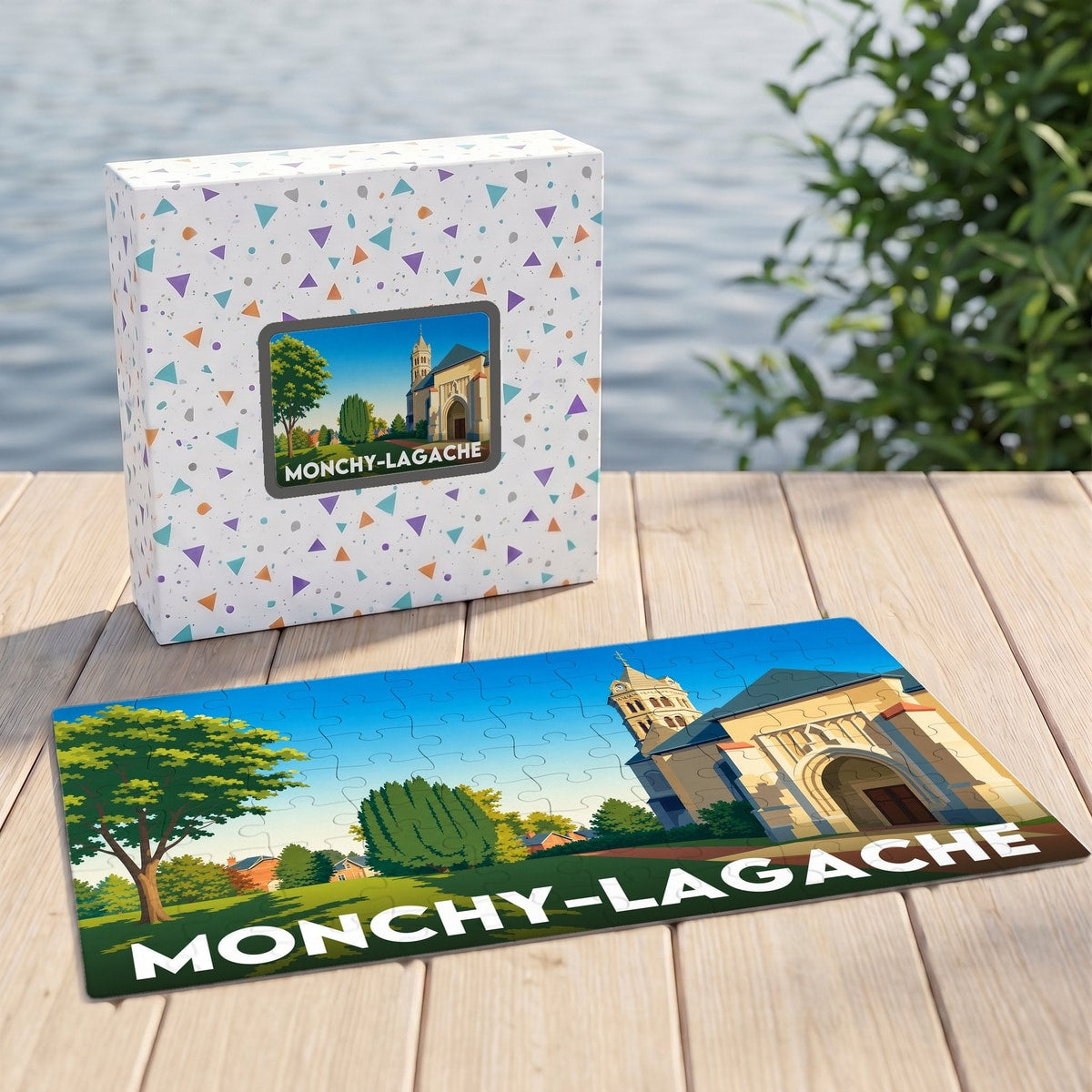 Puzzle souvenir de la ville de Monchy-Lagache avec une illustration stylisée.