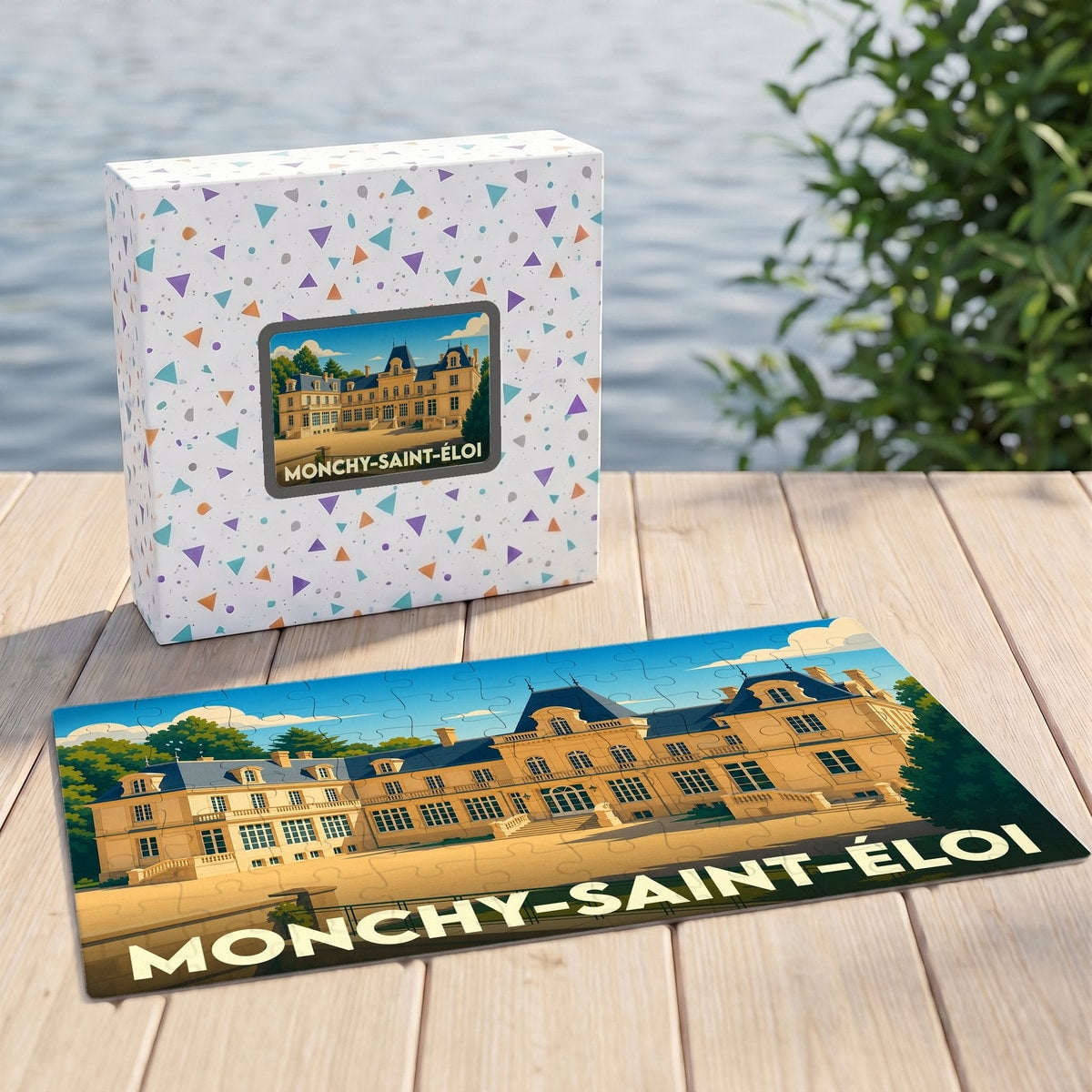 Puzzle souvenir de la ville de Monchy-Saint-Éloi avec une illustration stylisée de son château.