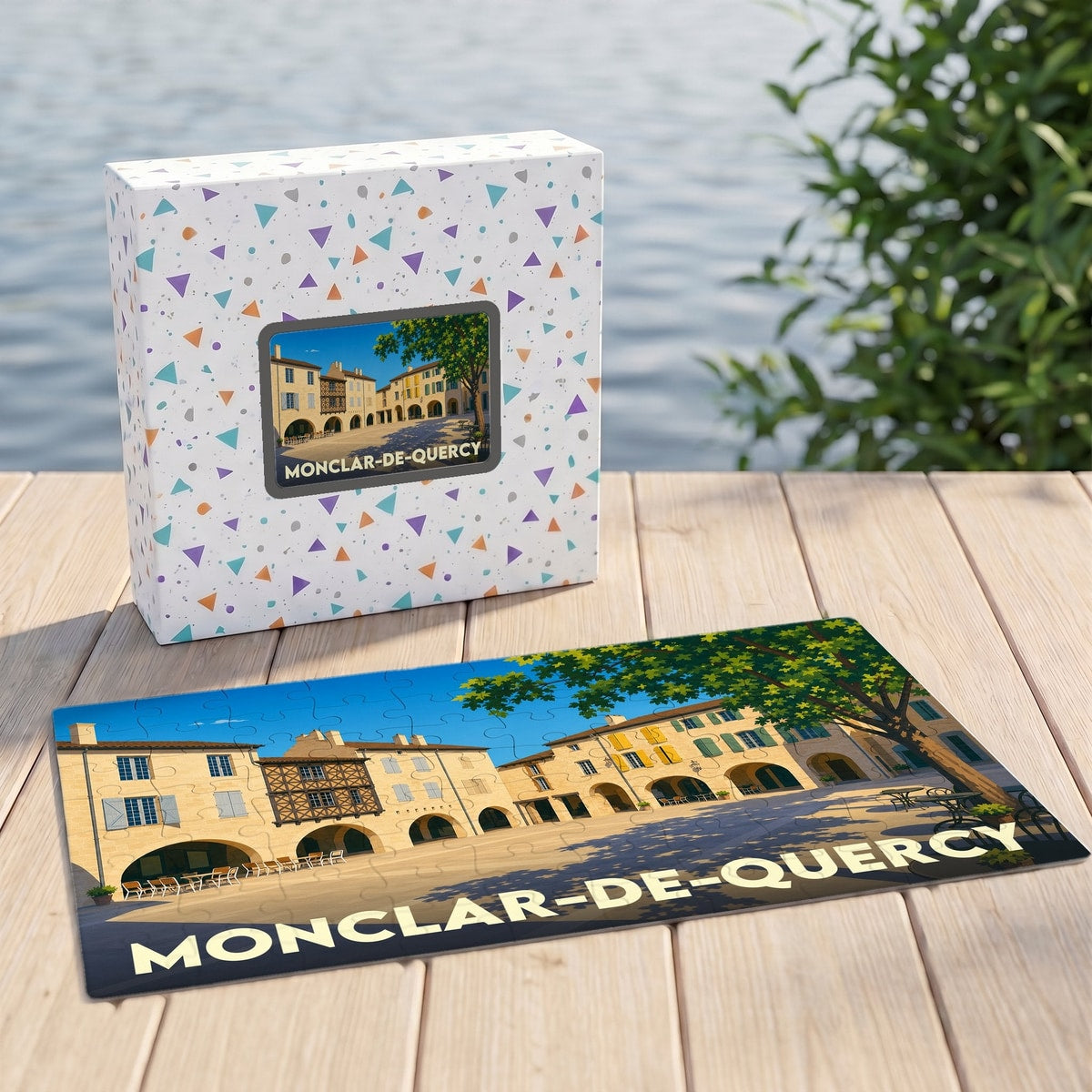 Puzzle souvenir de la ville de Monclar-de-Quercy avec une illustration stylisée de sa place centrale.