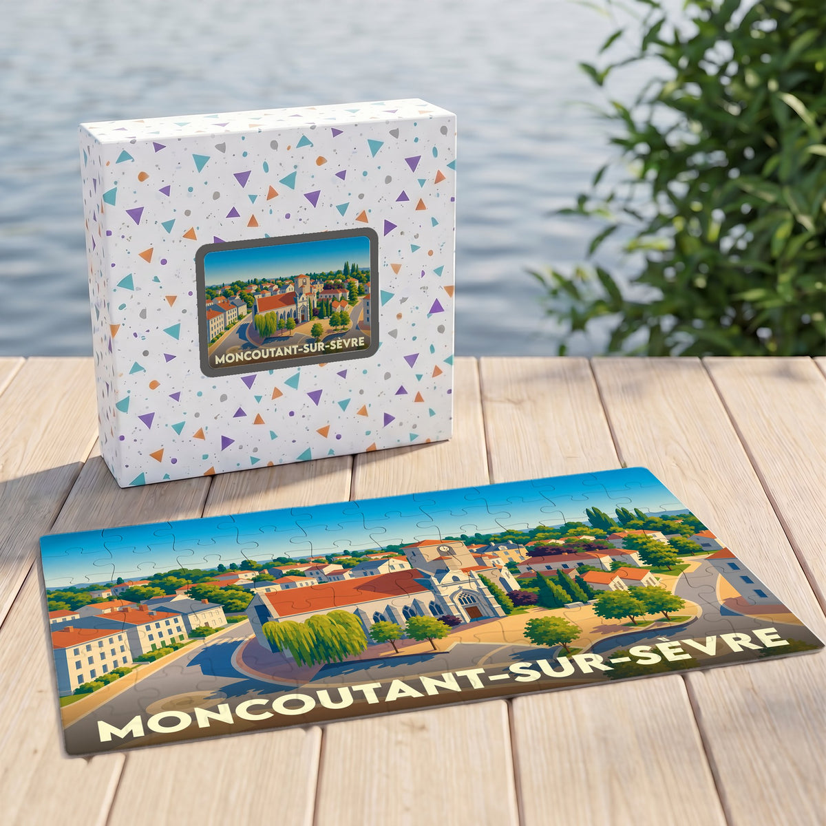 Puzzle souvenir de la ville de Moncoutant-sur-Sèvre avec une illustration panoramique stylisée.
