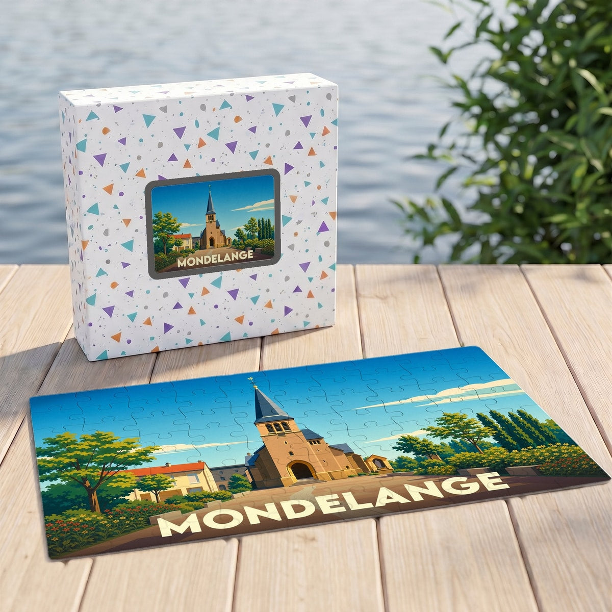 Puzzle souvenir de la ville de Mondelange avec une illustration stylisée d'une église sous un ciel bleu.