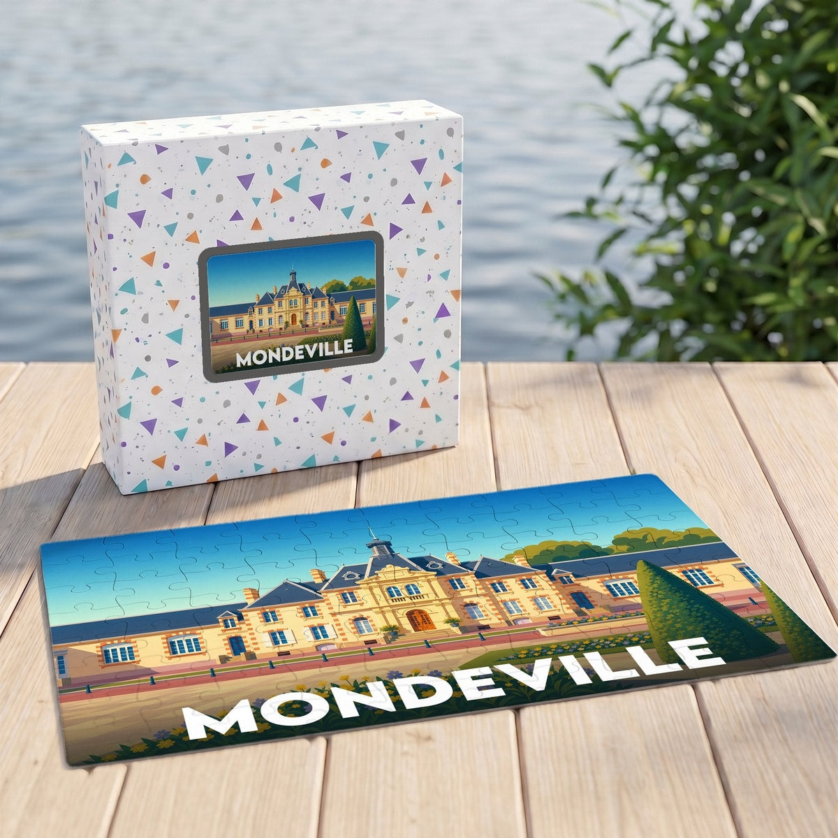 Puzzle souvenir de la ville de Mondeville avec une illustration stylisée d'un bâtiment historique.