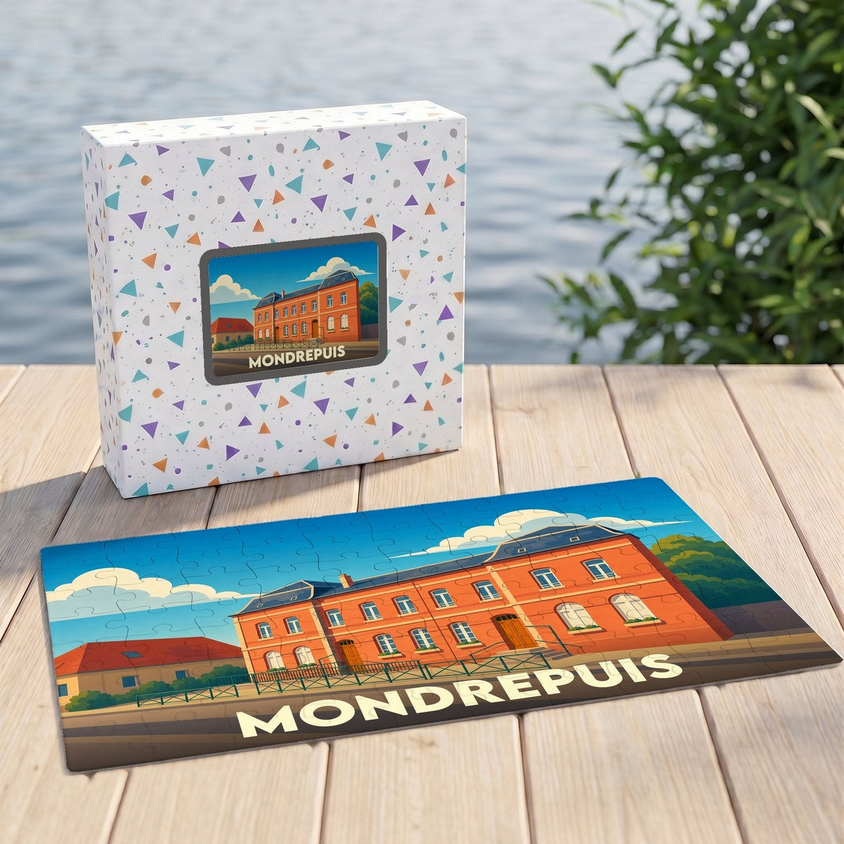 Puzzle souvenir de la ville de Mondrepuis illustré par un bâtiment rouge stylisé.