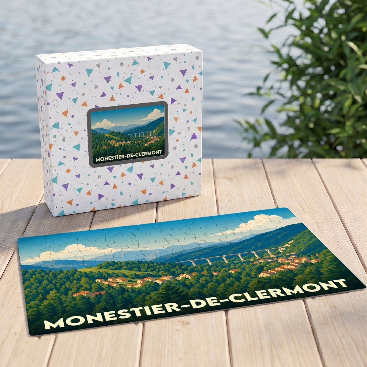 Puzzle souvenir de la ville de Monestier-de-Clermont illustrant un paysage de montagne avec son viaduc.