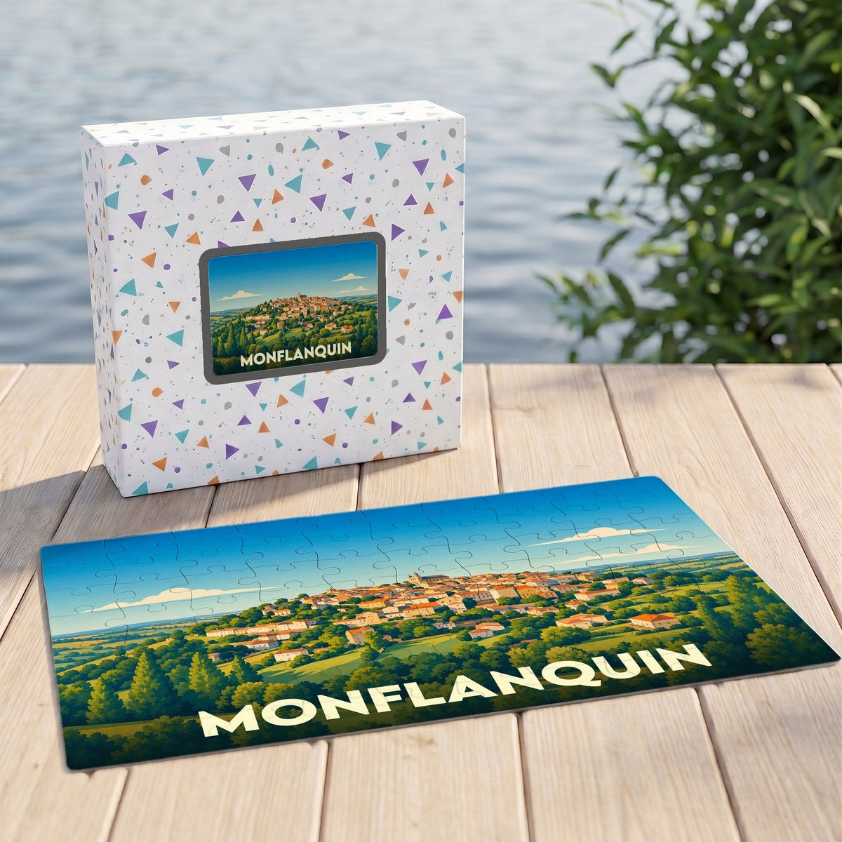 Puzzle souvenir de la ville de Monflanquin avec une illustration colorée et stylisée.