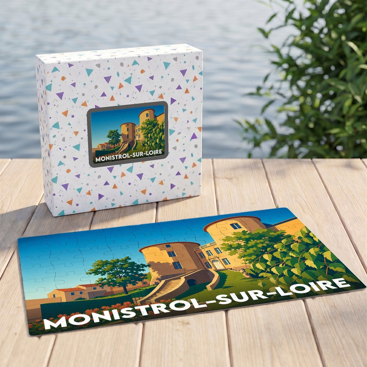 Puzzle souvenir de la ville de Monistrol-sur-Loire avec une illustration stylisée de son château.