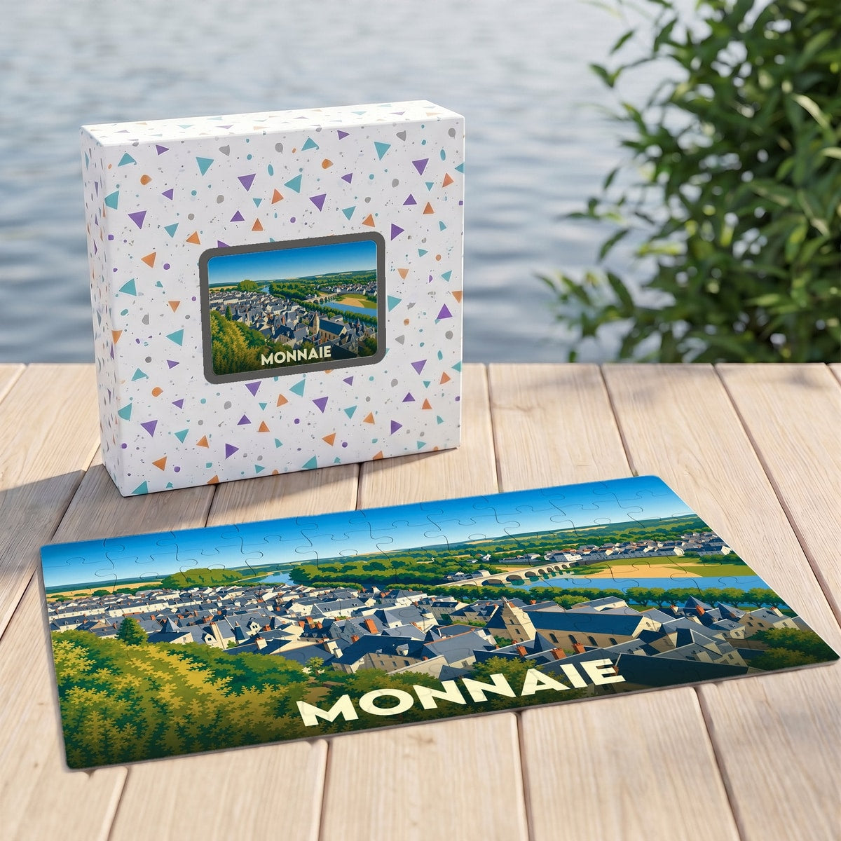 Puzzle souvenir de la ville de Monnaie avec une illustration panoramique stylisée.