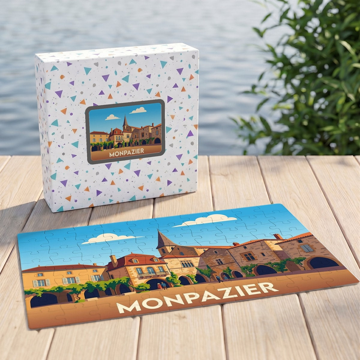Puzzle souvenir de la ville de Monpazier avec une illustration stylisée et sa boîte assortie.