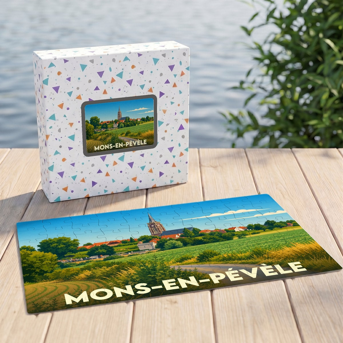 Puzzle souvenir de la ville de Mons-en-Pévèle avec une illustration stylisée d'un paysage de campagne.