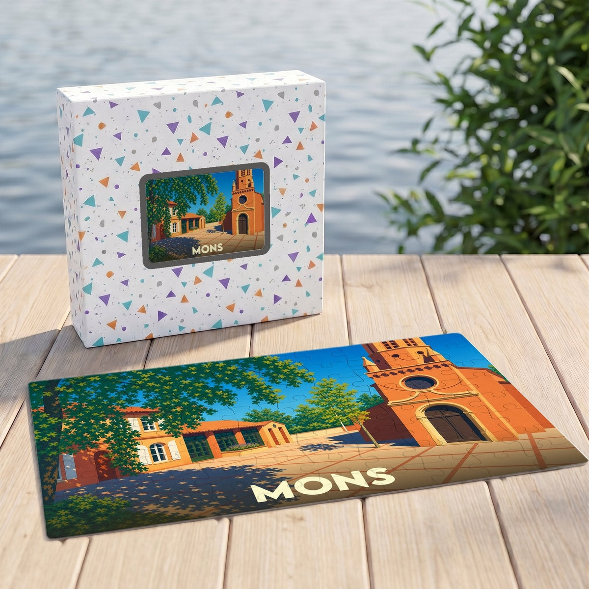 Puzzle souvenir de la ville de Mons avec une illustration stylisée d'une place ensoleillée.