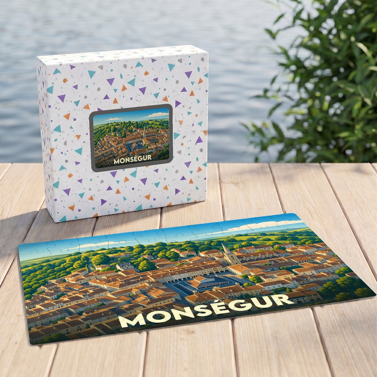 Puzzle souvenir de la ville de Monségur avec une illustration panoramique stylisée.