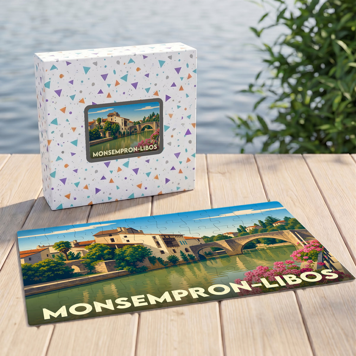 Puzzle souvenir de la ville de Monsempron-Libos avec une illustration stylisée et colorée.