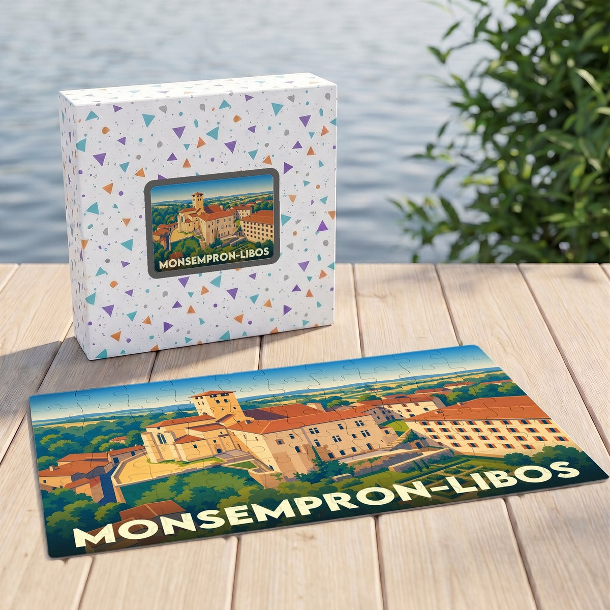 Puzzle souvenir de la ville de Monsempron-Libos avec une illustration stylisée et colorée.