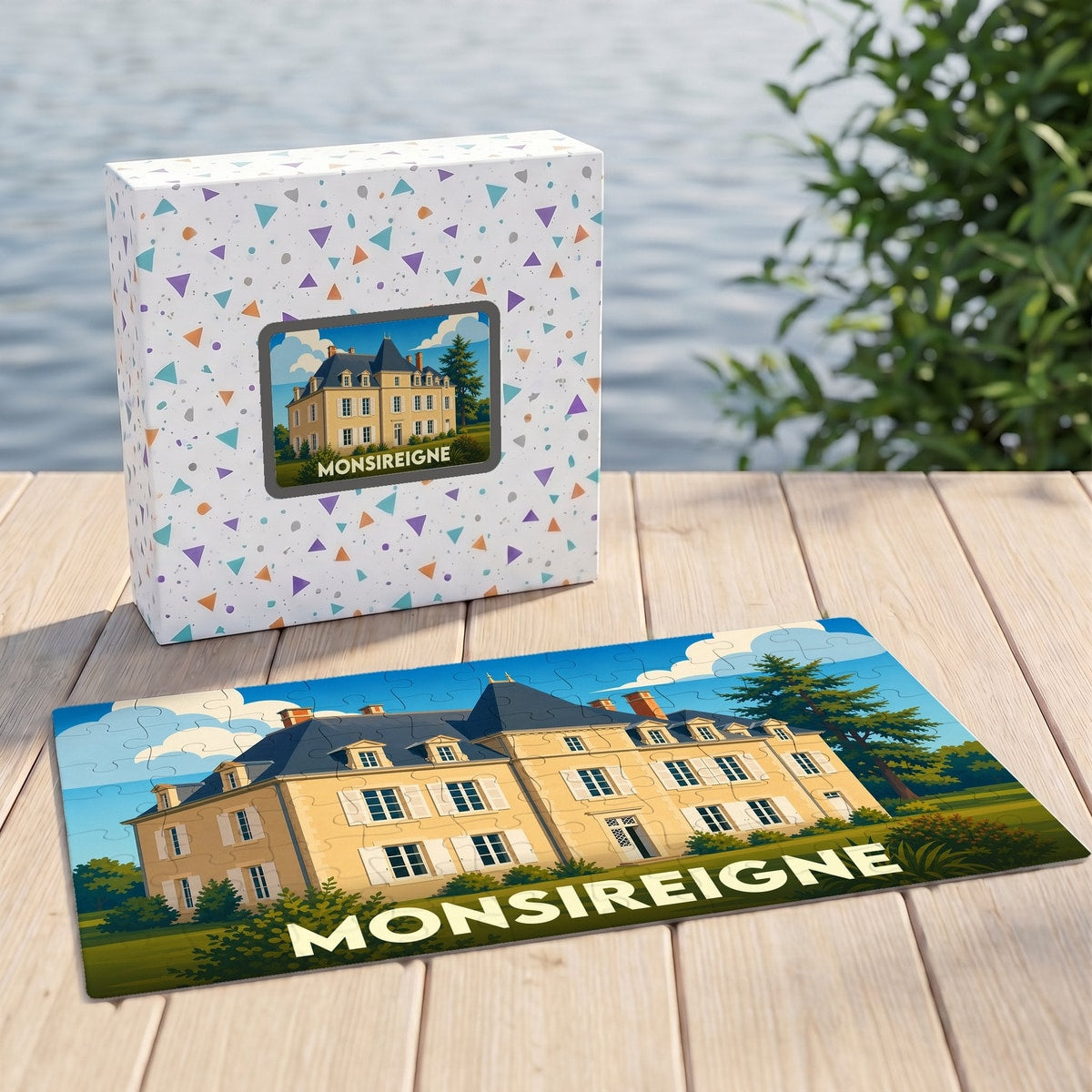 Puzzle souvenir de la ville de Monsireigne avec une illustration stylisée d'une demeure bourgeoise.