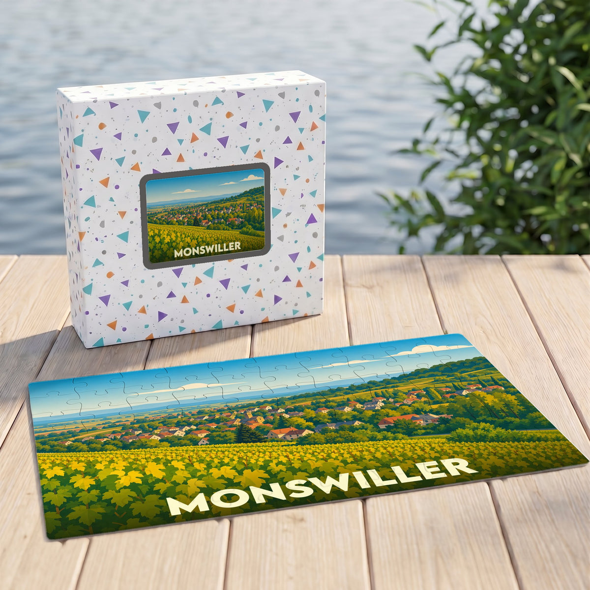 Puzzle souvenir de la ville de Monswiller illustré par un paysage de vignobles stylisé.