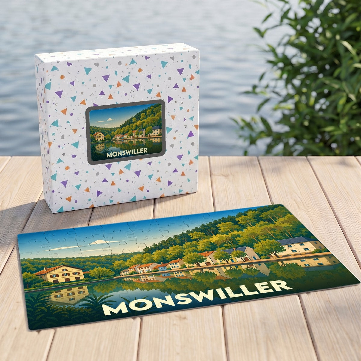 Puzzle souvenir de la ville de Monswiller illustrant un paysage de bord de l'eau.