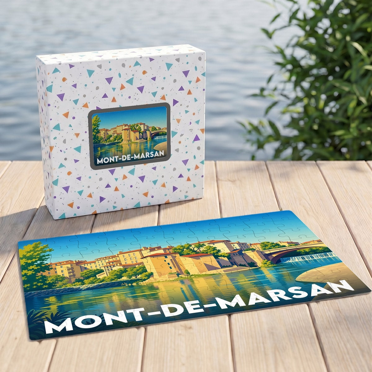 Puzzle souvenir de la ville de Mont-de-Marsan avec une illustration colorée des quais et du pont.