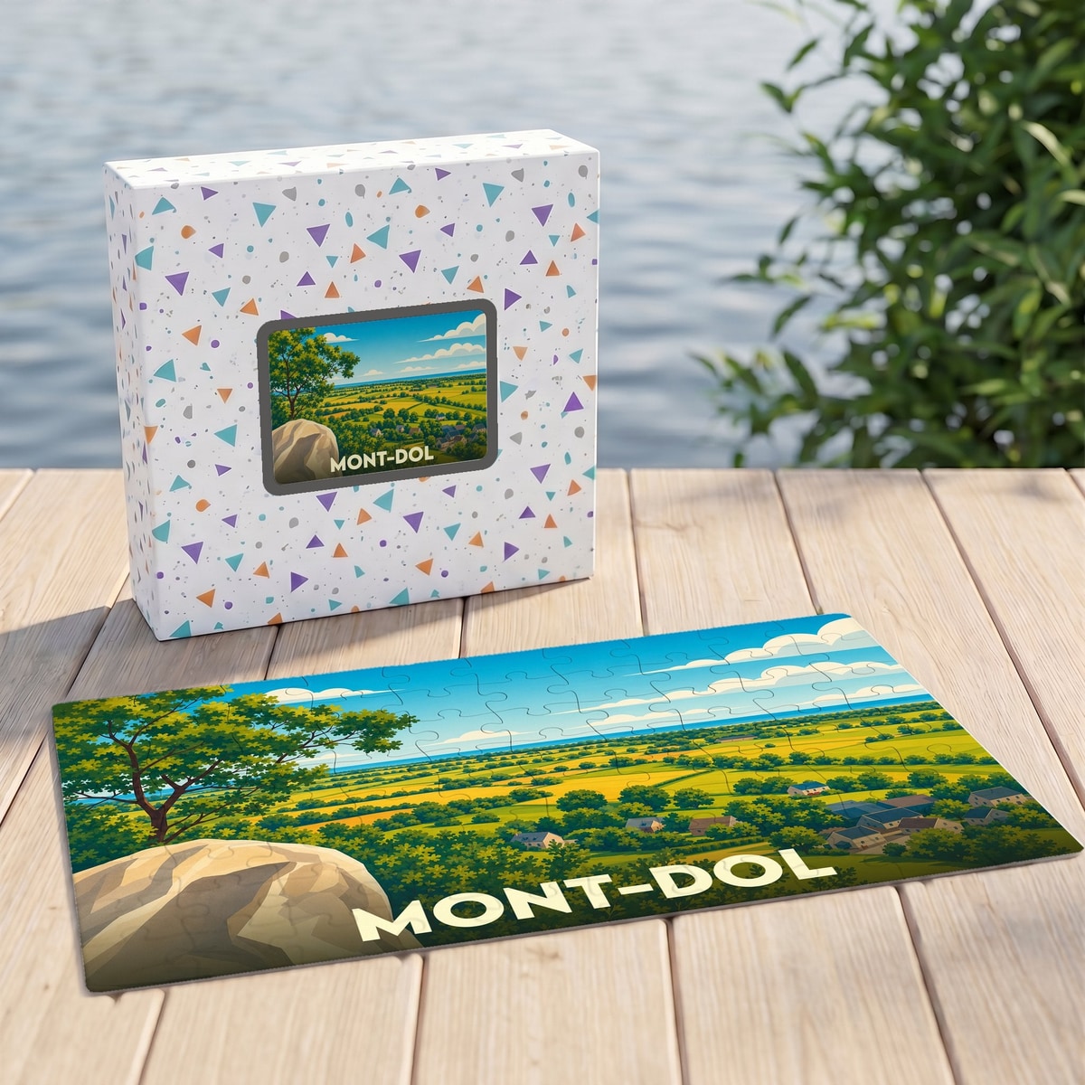 Puzzle souvenir de la ville de Mont-Dol avec une illustration de paysage champêtre.