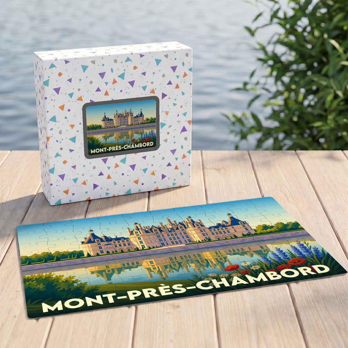 Puzzle souvenir de la ville de Mont-près-Chambord avec une illustration stylisée d'un château se reflétant dans l'eau.