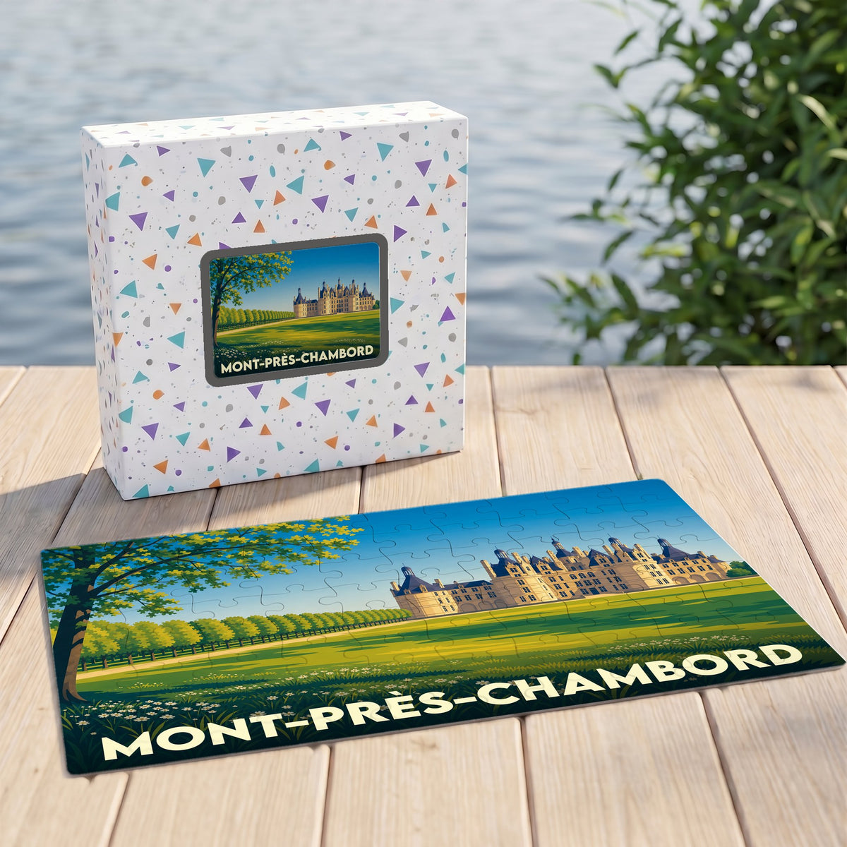 Puzzle souvenir de la ville de Mont-près-Chambord avec une illustration stylisée du château de Chambord.
