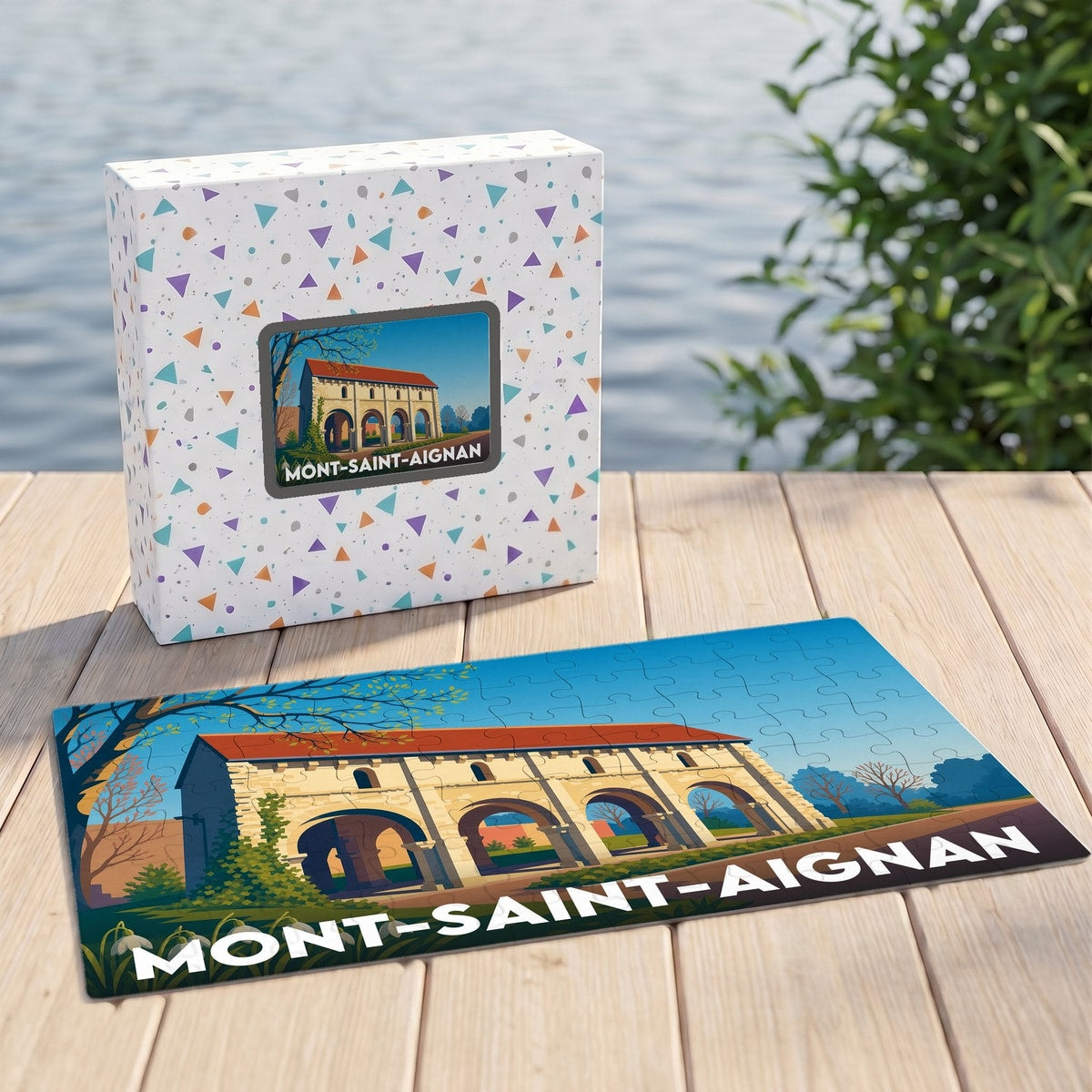 Puzzle souvenir de la ville de Mont-Saint-Aignan avec une illustration stylisée de ses arches historiques.