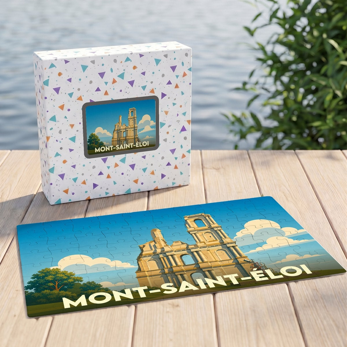 Puzzle souvenir de la ville de Mont-Saint-Éloi avec une illustration stylisée des tours de l'abbaye.