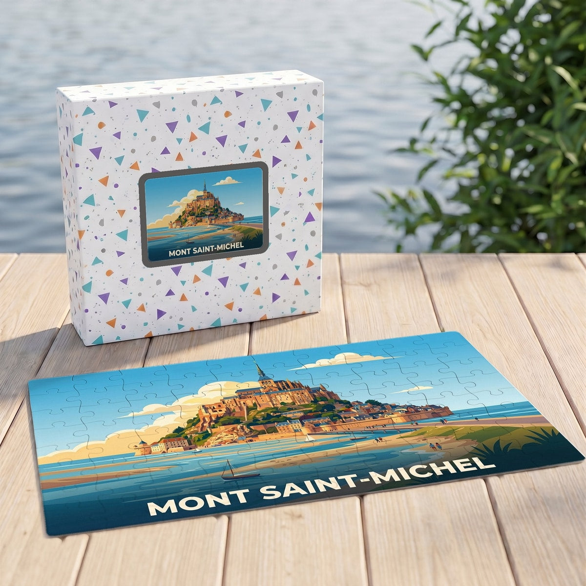 Puzzle souvenir du Mont Saint-Michel avec une illustration stylisée de l'abbaye sur sa boîte et son plateau.