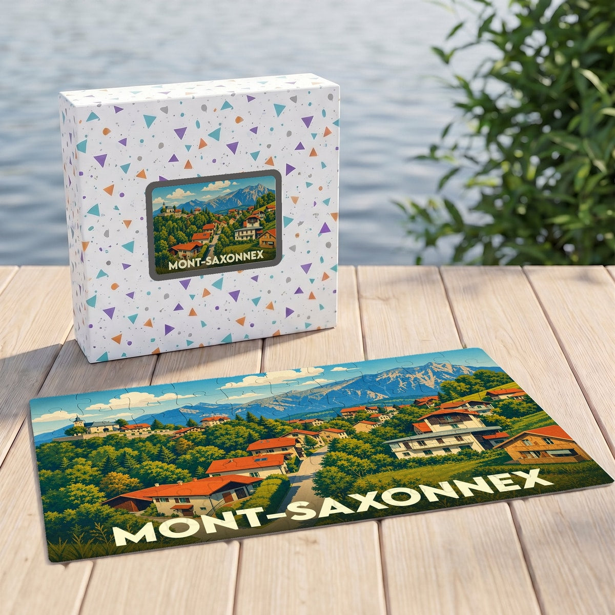 Puzzle souvenir de la ville de Mont-Saxonnex avec une illustration stylisée d'un paysage de montagne.