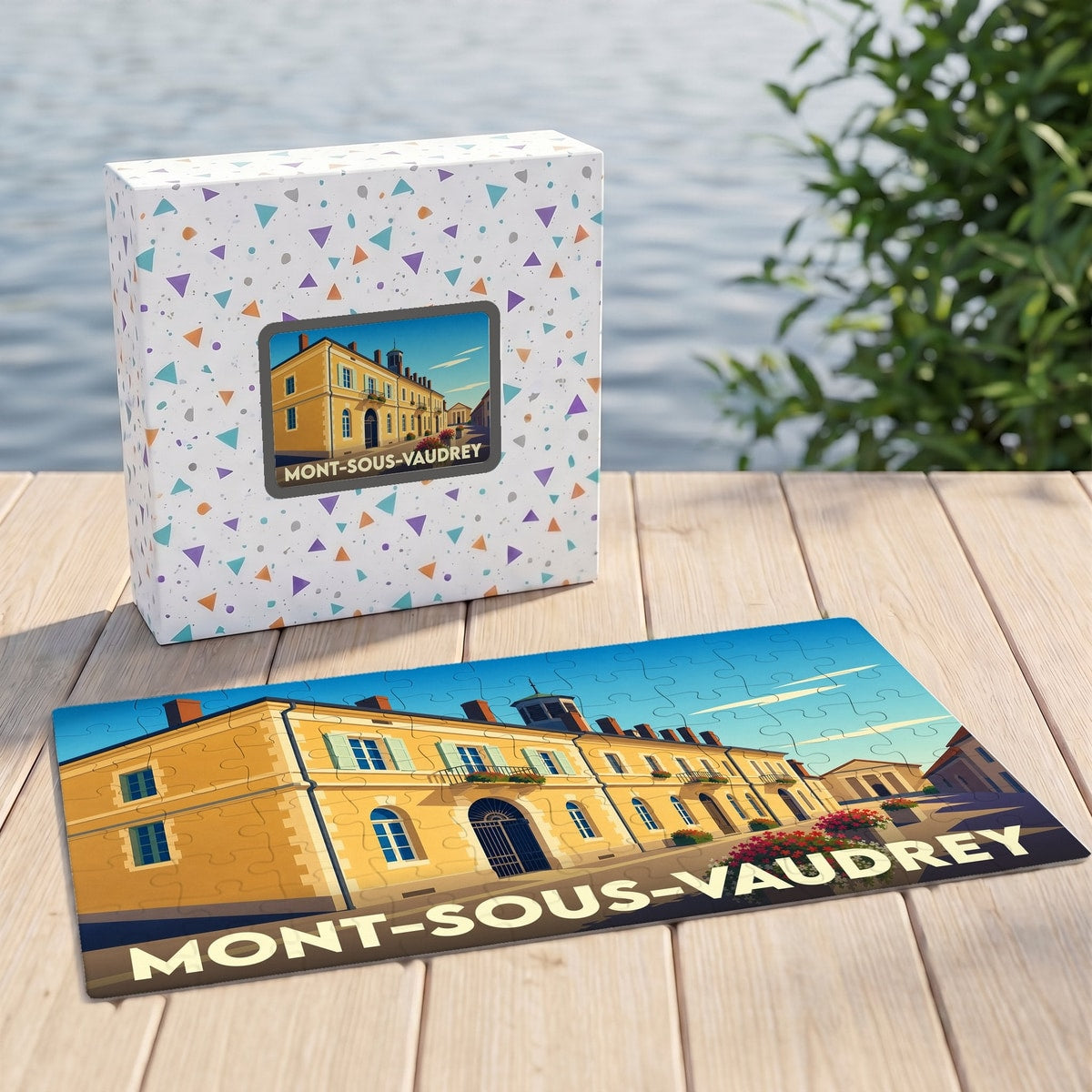 Puzzle souvenir de la ville de Mont-sous-Vaudrey avec une illustration stylisée d'un bâtiment historique.