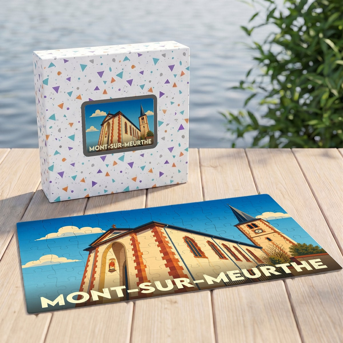 Puzzle souvenir de la ville de Mont-sur-Meurthe avec une illustration stylisée de son église.