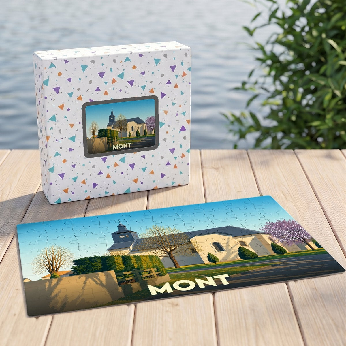 Puzzle souvenir de la ville de Mont avec une illustration stylisée d'une église.