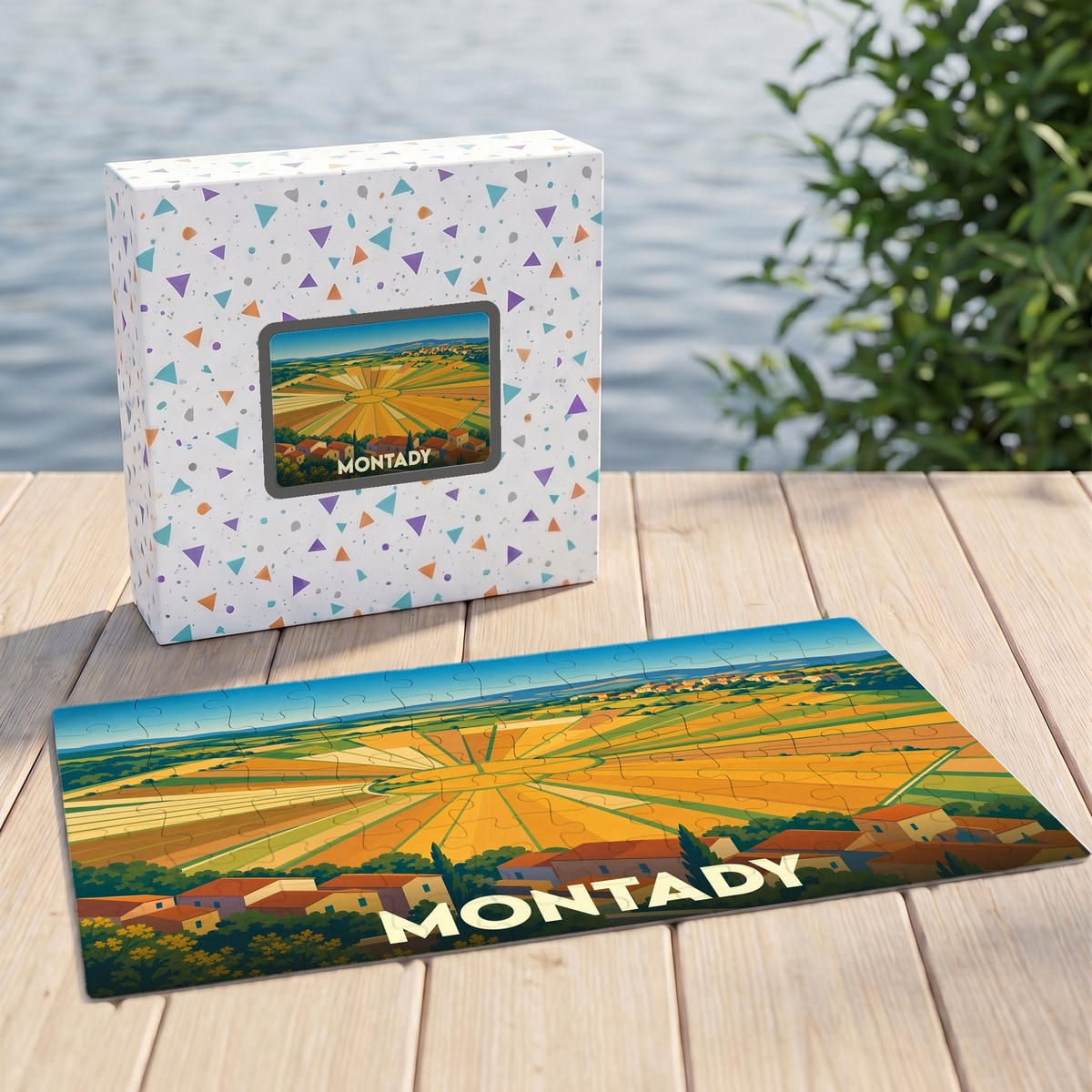 Puzzle souvenir de la ville de Montady avec une illustration stylisée d'un paysage champêtre.