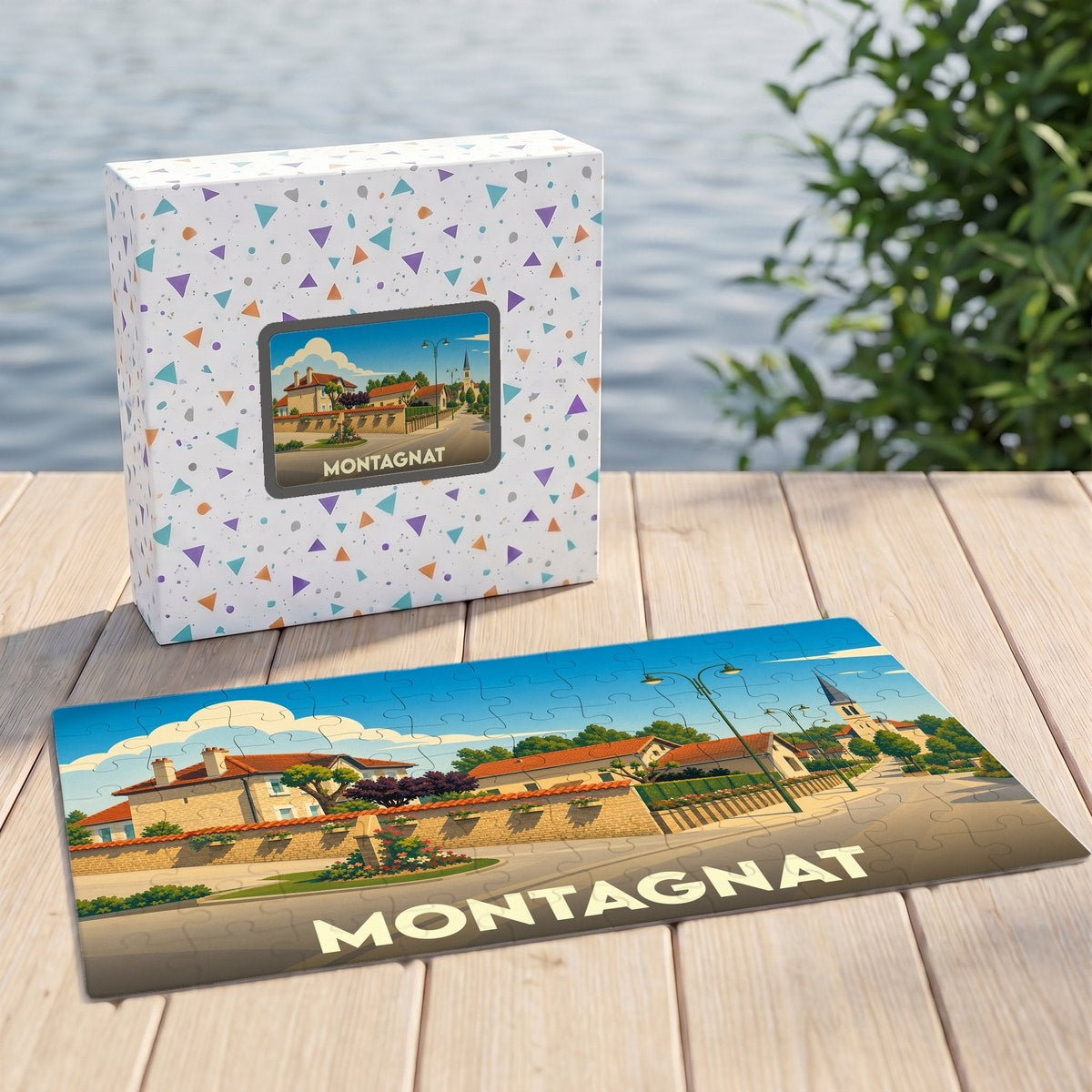 Puzzle souvenir de la ville de Montagnat avec une illustration stylisée et colorée.