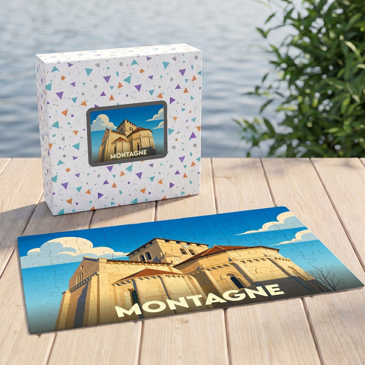 Puzzle souvenir de la ville de Montagne avec une illustration stylisée d'un bâtiment historique.