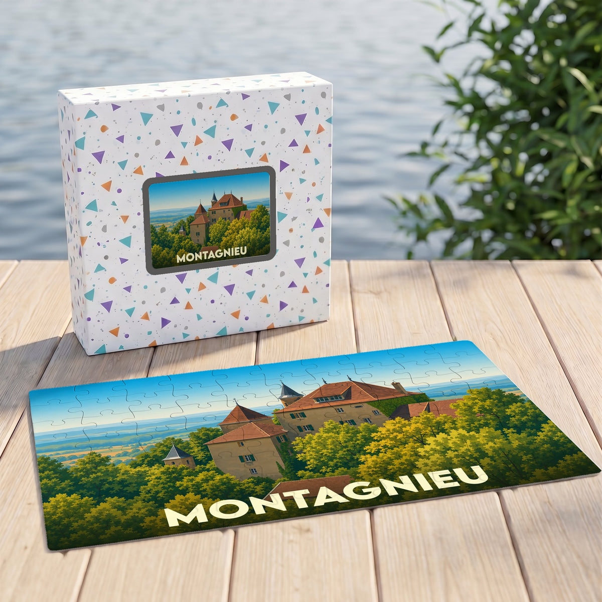 Puzzle souvenir de la ville de Montagnieu avec une illustration stylisée d'un château.
