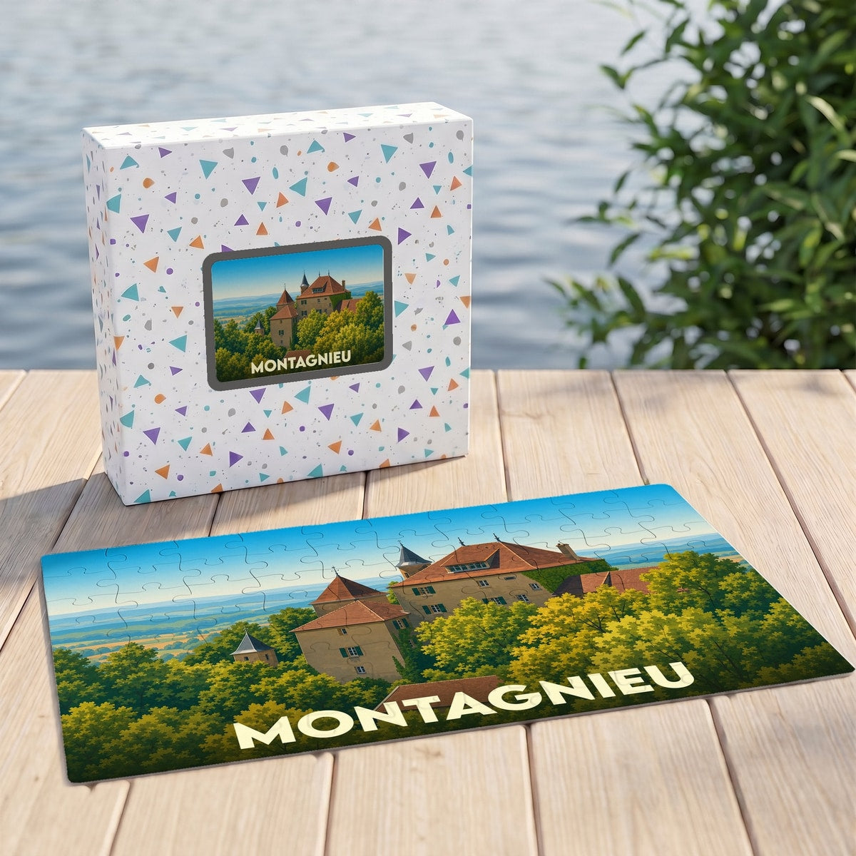 Puzzle souvenir de la ville de Montagnieu avec une illustration stylisée d'un château.