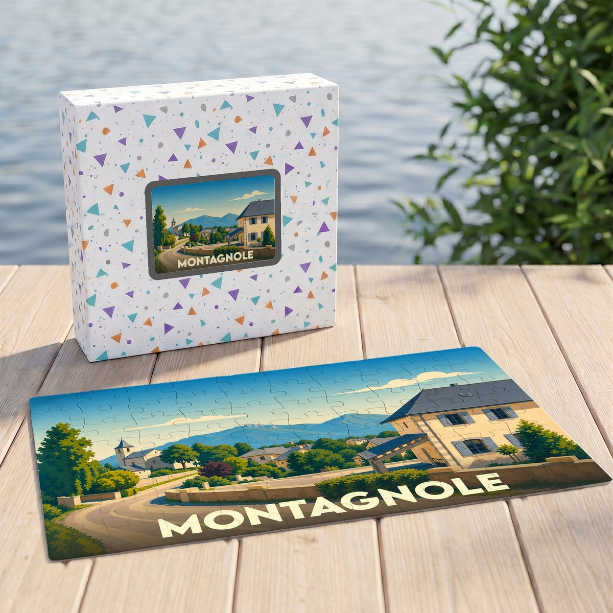 Puzzle souvenir de la ville de Montagnole avec une illustration stylisée et colorée.