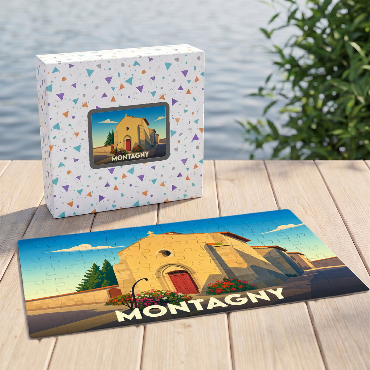 Puzzle souvenir de la ville de Montagny avec une illustration stylisée d'un bâtiment historique.