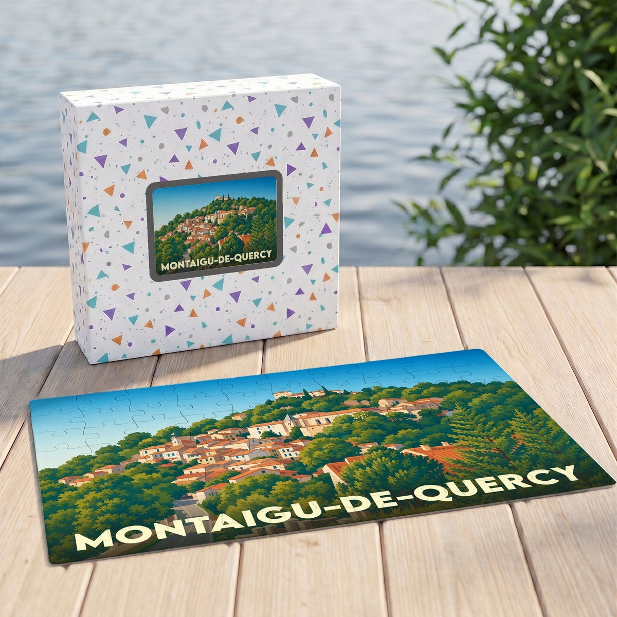 Puzzle souvenir de la ville de Montaigu-de-Quercy avec une illustration stylisée.