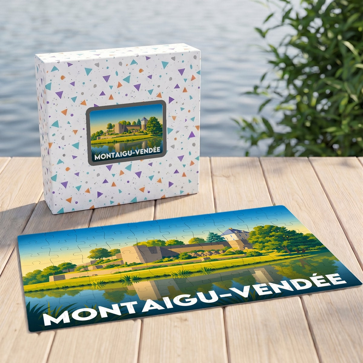 Puzzle souvenir de la ville de Montaigu-Vendée avec une illustration stylisée d'un paysage historique bordant l'eau.